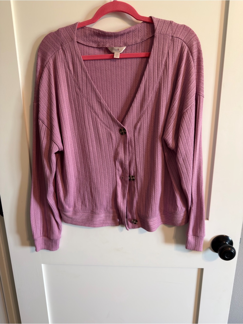 Secret Treasures Ribbed Button-Front Cardigan - Mauve Pink